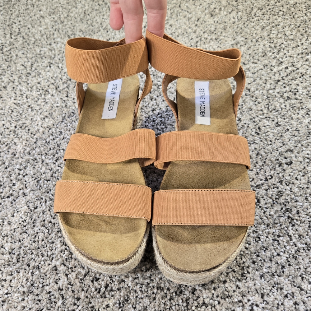 Steve Madden Size 7 Tan Kimmie Platform Espadrille Sandals Womens Wedges GUC